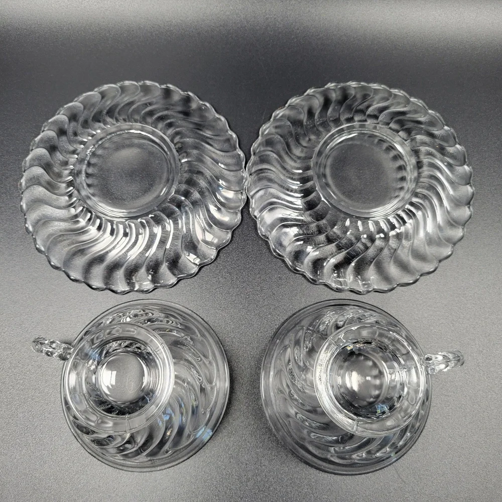 VTG Fostoria Colony 2412 Swirl Glass Footed Tea Cup and‎ Saucer Set Lot Of 2